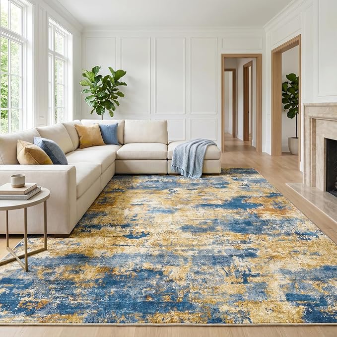 Large Washable Area Rug, 8'x10', Navy & Gold | 0.3" Low Pile, Abstract Rug, Non-Slip Silicone Backing, Water & Stain Resistant, Modern Contemporary, 100% Cotton Backing