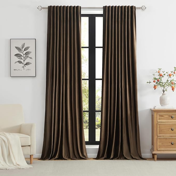 PRIMROSE 100% Full Blackout Brown Velvet Curtains 120 inch Long for Living Room,Set of 2 Liner Rod Pocket Back Tab Thermal Window Curtains Room Darkening Heavy Decorative Curtains Drapes for Bedroom