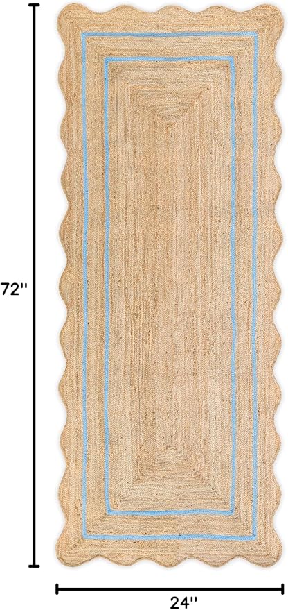Wave Scalloped Natural Jute Runner, Sky Blue (2'x6'): Boho Jute Entryway Farmhouse Scallop Rug