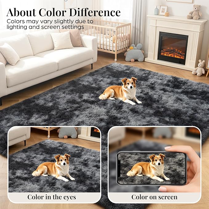 Area Rug for Living Room Bedroom: 5x7 Black Grey Soft Fluffy Shag Upgrade Non-Slip High Pile Carpet Large Fuzzy Plush Indoor Floor Decor Shaggy Rug for Kid Boys Girls Playroom Nursery Modern Home