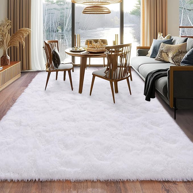 Dssimo White Fluffy Rugs for Living Room Bedroom, 8x10 Shaggy Area Rug ﻿ | Large Non-Slip Cream Area Rug for Nursery Kids Room Dorm Room Home Decor, Indoor Plush Floor Carpet