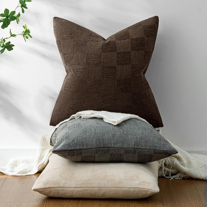 a moment Set of 2 Decorative Linen Throw Pillow Covers,Large Grid Textured Neutral Boho Farmhouse Cushion Covers,Soft Aesthetic Pillowcases for Couch Sofa Living Room Home Decor,18x18 Inch,Dark Brown