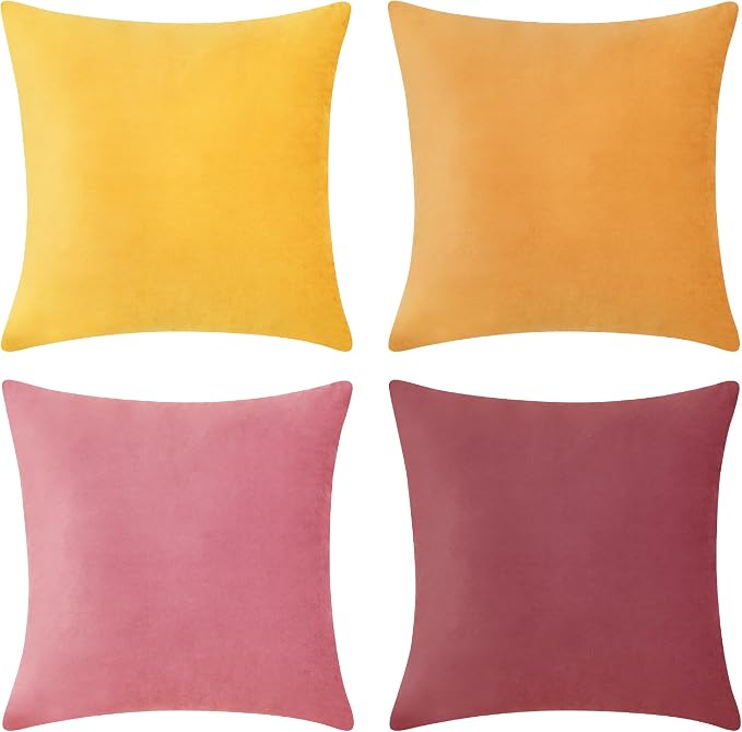 MONDAY MOOSE Decorative Throw Pillow Covers Cushion Cases, Set of 4 Soft Velvet Modern Designs, Mix and Match for Home Decor, Pillow Inserts Not Included (20x20 inch, Yellow/Pink)