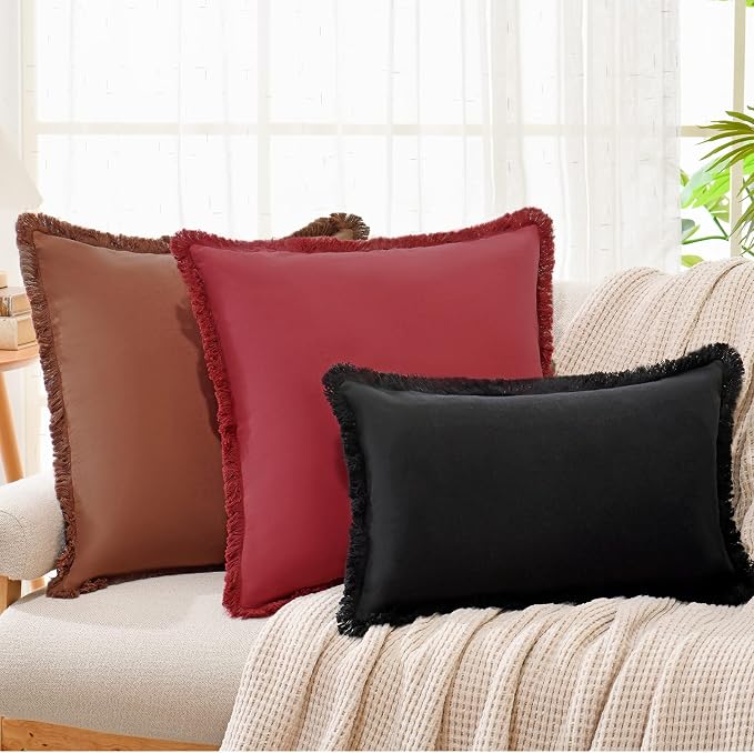 ZWJD Pillow Covers 18x18 Set of 2 Coffee Throw Pillow Covers with Fringe Chic Cotton Decorative Pillows Square Cushion Covers for Sofa Couch Bed Living Room Farmhouse Boho Decor