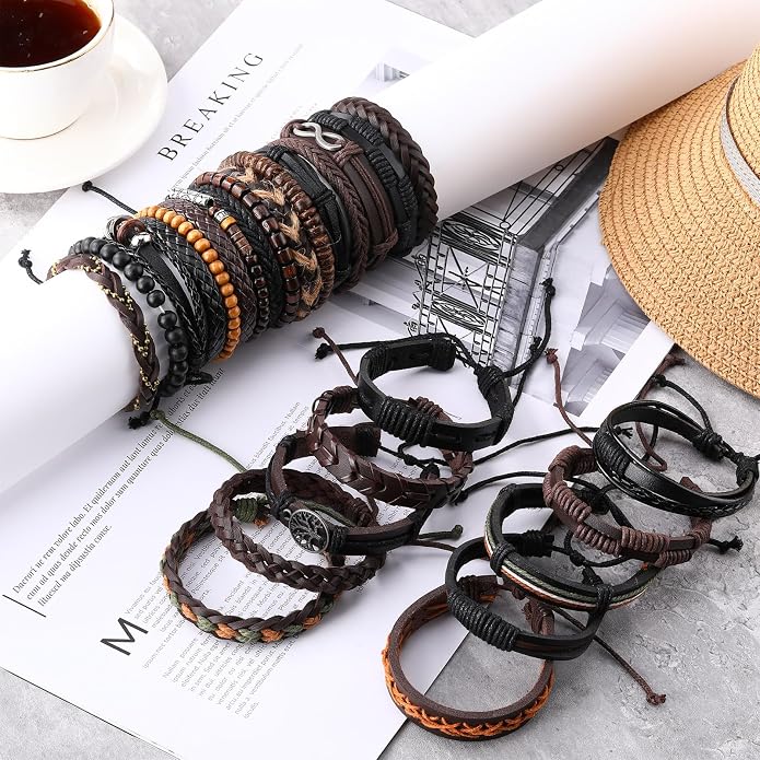 Equsion 50 Pcs Braided Leather Bracelets for Men Women Wrap Wooden Bead Cuff Bracelet Hemp Cords Ethnic Tribal Handmade Wrap Wristband Bracelets Set Adjustable for Personal Wearing