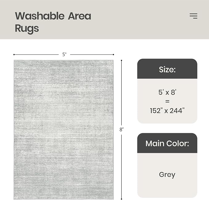 Valenrug Washable Rugs 5x8 - Stain Resistant 5x8 Area Rugs for Living Room, Non Slip Backing Printed Rugs for Bedroom, Folable Machine Washable Area Rug (5'x8', Grey)