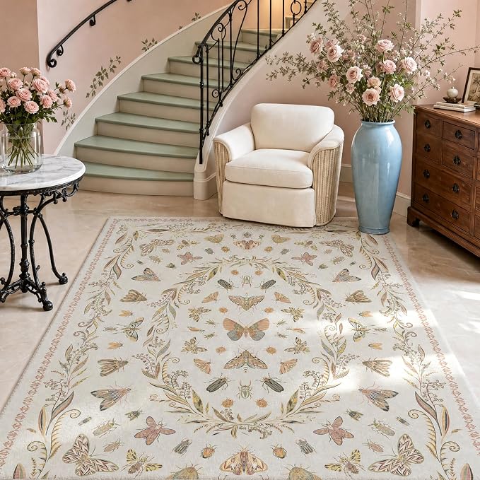 Lunasun Neutral Girl Nursery Rug 4x6 - Beige & Pink Rugs for Bedroom, Living Room - Washable Low Pile Non-Slip Charming Insect Print Vintage Girly Design, Perfect for Kids Rooms