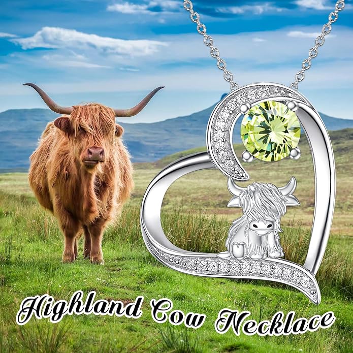 Highland Cow Gifts for Women 925 Sterling Silver Highland Cow Birthstone Necklace Fluffy Cow Jewelry Gifts Birthday Christmas