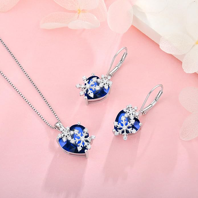 Snowflake Necklace for Women 925 Sterling Silver Heart Birthstone(White/Aquamarine/Sapphire/Pink) Pendant Necklaces Cubic Zirconia Winter Christmas Jewelry