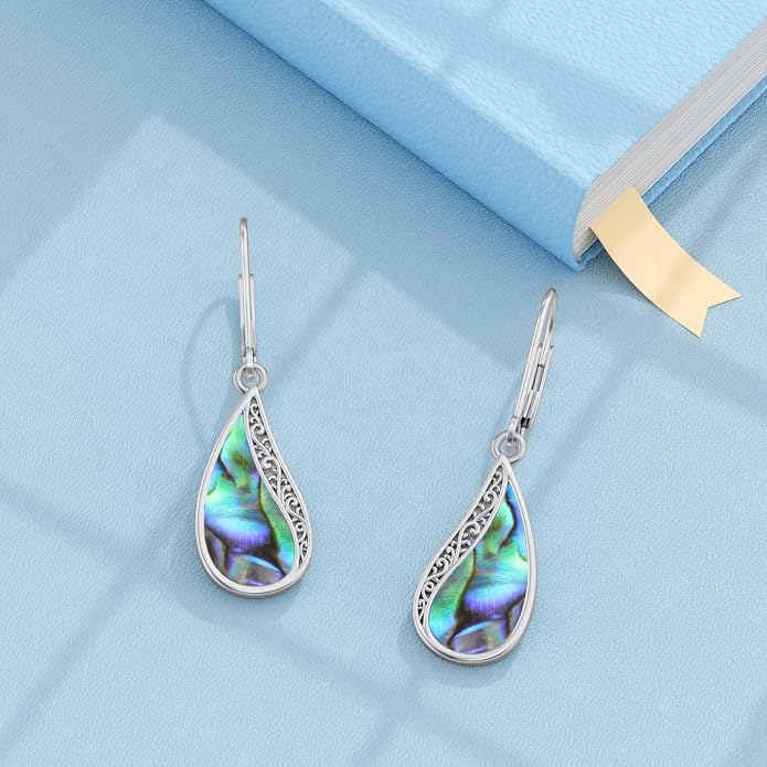 PELOVNY Abalone/Turquoise/Black Onyx/Lapis Lazuli/Axolotl/Bee/Dragonfly/Sun/Cross/Sword/Wolf/Map/Golf Earrings S925 Sterling Silver Dangle Earring Teardrop Jewelry for Women Birthday Christmas Gifts