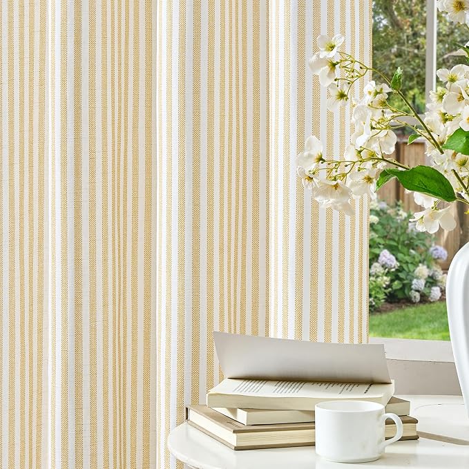 Vangao Linen Striped Curtains for Living Room Bedroom Farmhouse Tickingstripe Light Filtering Window Curtains Printed Drapes Grommet Top 2 Panels Mustard Yellow on Off White W50 x L84 Inch