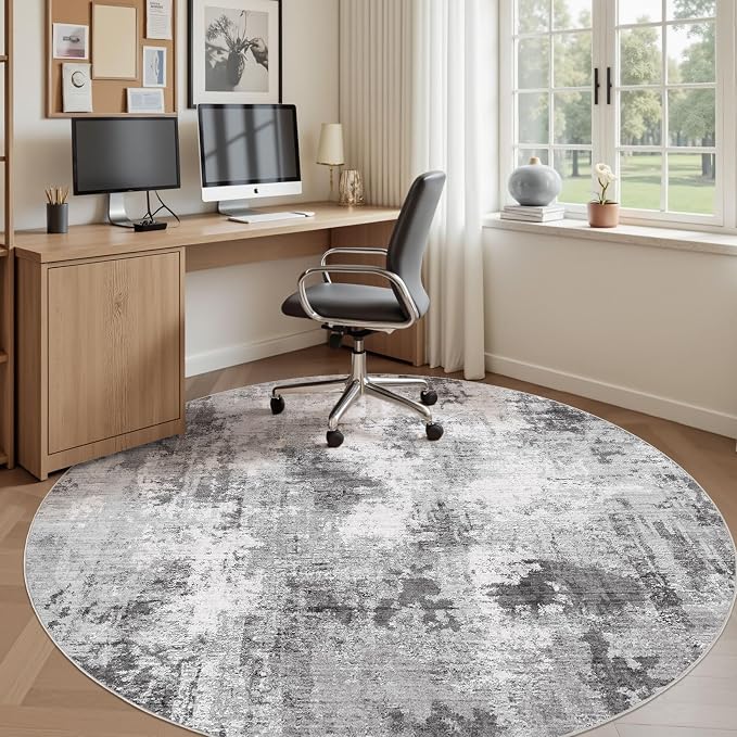 Abstract 9FT Round Rug: Machine Washable Non Slip Ultra Thin Low-Pile Carpet, Soft Stain Resistant for Living Dining Room Bedroom, Kid Pet Friendly, Robot Vacuum Compatible - Grey