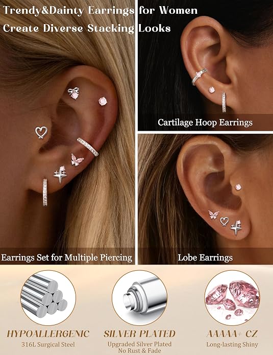 Kakonia Hypoallergenic Flat Back Earrings for Women Men Surgical Steel Earring for Sensitive Ears, 14K Gold Plated Stainless Steel Flatback Stud Hoop Cartilage Earring Stacks for Multiple Piercing