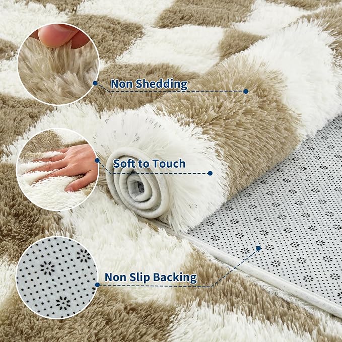 Garvee Checkered Rug 5x8 Super Soft Shaggy Rugs Fluffy Carpets Fluffy Fuzzy Rug for Living Room Bedroom,Checkered Fluffy Rugs for Girls Kids Room, Shag Plush Carpet for Teen Room Decor, Taupe-White