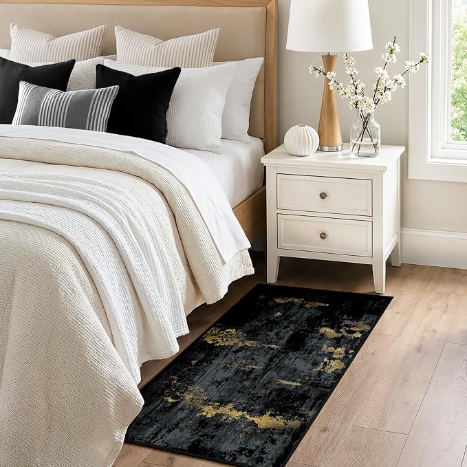 RELEANY Washable Area Rugs 2'x4' Non-Slip Modern Abstract Soft for Living Room Entryway Bedroom Kitchen, Print Pattern, Dark Black Gold