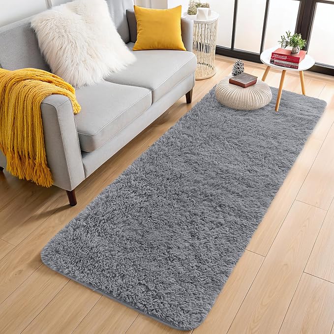 OLANLY 2x6 Machine Washable Runner Rugs for Hallway, Soft Fluffy Shaggy Bedside Rugs for Bedroom, Living Room, Indoor Floor Carpet for Kids Girls Boys, Nursery Rooms, Home Decor Aesthetic, Light Grey