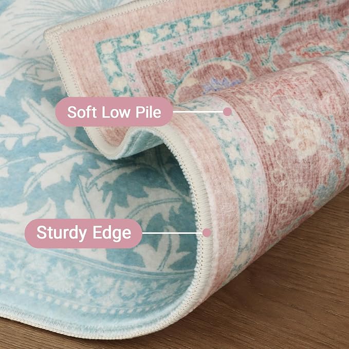 Bavni Small Throw 2x3 Vintage Floral Rug, Washable Non Slip Cute Area Rug for Entryway, Bedroom, Kitchen or Bathroom, Low Pile Carpet, Pink Blue