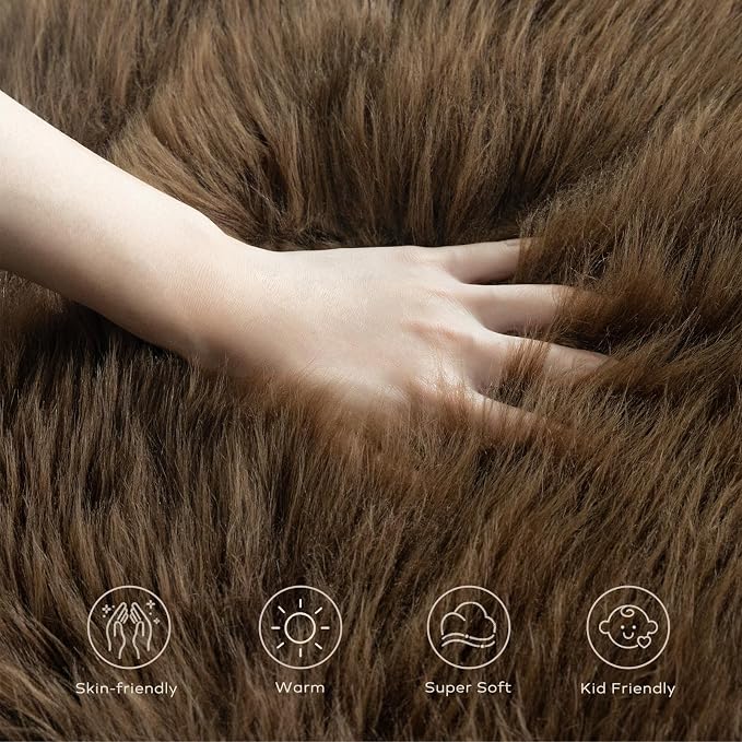 Ashler Faux Fur Rug - Fluffy Shaggy 2 x 3 Feet Rectangle Sheepskin Fur, Dark Coffee Fuzzy Machine Washable Shag, Nursery Decor Throw for Bedroom, Living Room