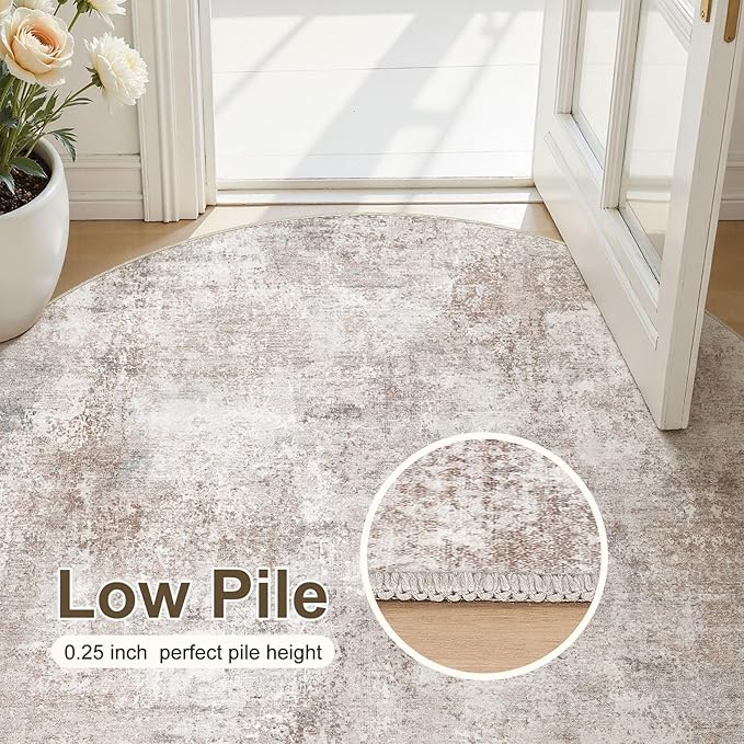 6Ft Round Area Rug for Living Room, 6x6 Washable Rugs Non-Slip Soft Large Modern Abstract Pattern Low Pile Carpet for Bedroom Indoor Floor Nursery Home Decor - Brown