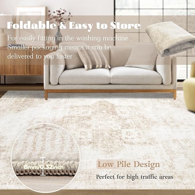 Area Rug 5x7 Washable Rug, Vintage Boho Medallion Rugs Non-Slip Soft Low Pile Large Distressed Rug Indoor Retro Carpet for Living Room Bedroom Dining Room Home Office (Beige, 5'x7')