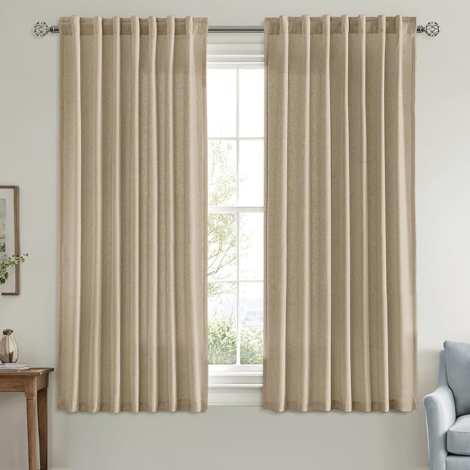 MIULEE Non-See-Through Privacy Linen Curtains 52W x 63L Inch Copper Brown | 2 Panels, Light Filtering, Semi Sheer Window Curtains, Farmhouse Textured, Back Tab Drapes for Bedroom Living Room