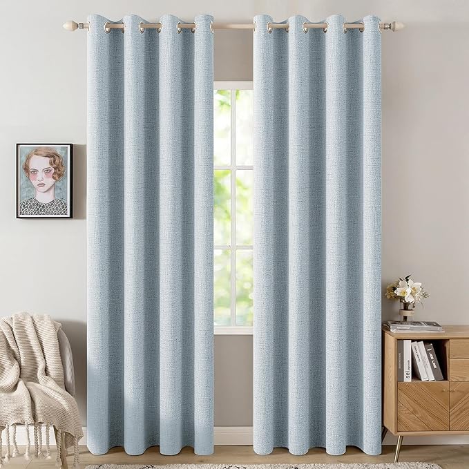 MIULEE 100% Blackout Linen Textured Curtains for Bedroom Solid Thermal Insulated Chambray Blue Grommet Room Darkening Curtains & Drapes Luxury Decor for Living Room 52 x 96 Inch (2 Panels)