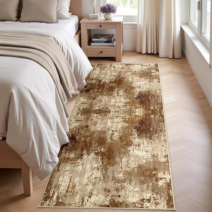 RELEANY Washable Area Rugs 2'x6' Non-Slip Modern Abstract Soft for Living Room Entryway Bedroom Kitchen, Print Pattern, Brown Tan Beige Coffee