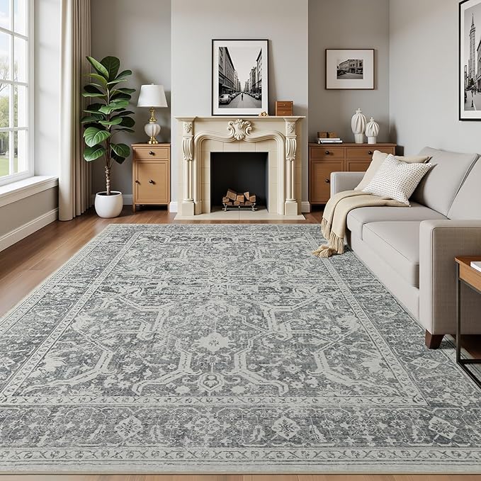 Joydeco 8x10 Area Rugs for Living Room, Non Slip Machine Washable Vintage Rug, Low Pile Thin Chenille Print Rugs for Bedroom, Dining Room, Pet & Child Friendly, Home Office, Light Gray&Dark Gray&White