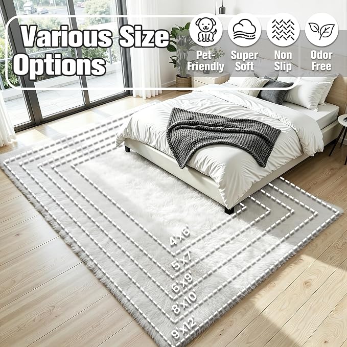 4x6 Area Rug for Living Room, Ultra Soft Fluffy White Rugs for Bedroom, Non Slip Large Shag Carpet, Fuzzy Plush Nursery Rug, Thick Washable Indoor Floor Carpets for Kids Office Dorm Home Decor