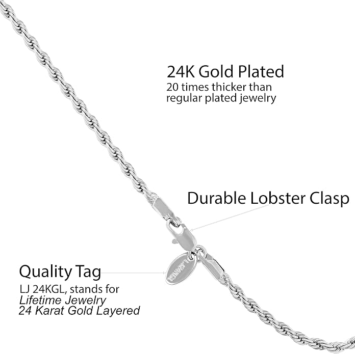 LIFETIME JEWELRY Womens Gold Anklet 3mm Rope Chain Ankle Bracelet 24k Real Gold Plated