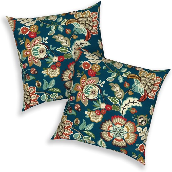 20x20 Inch Pack of 2 Patio Throw Pillow Covers ONLY, Water Repellent Cushion Cases, Square Pillowcases for Outdoor Couch Decoration, Peacock Blue