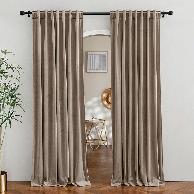 RYB HOME Taupe Velvet Curtains for Bedroom Living Room, Thermal Insulated Privacy UV Heat Blocking Luxurious Soft Rod Pocket Back Tab Drapes for Nursery, 42" W x 63" L, 2 Panels