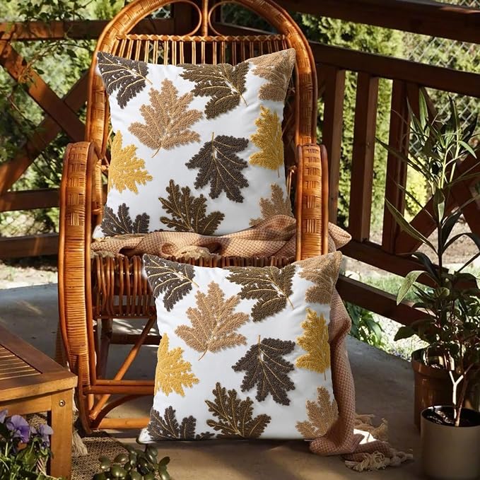 Set of 2 Embroidered Decorative Throw Pillow Covers Couch Square Pillowcases Cushion for Bedroom Sofa Farmhouse Decor 18x18 Inch (Yellow Maple Leaf)