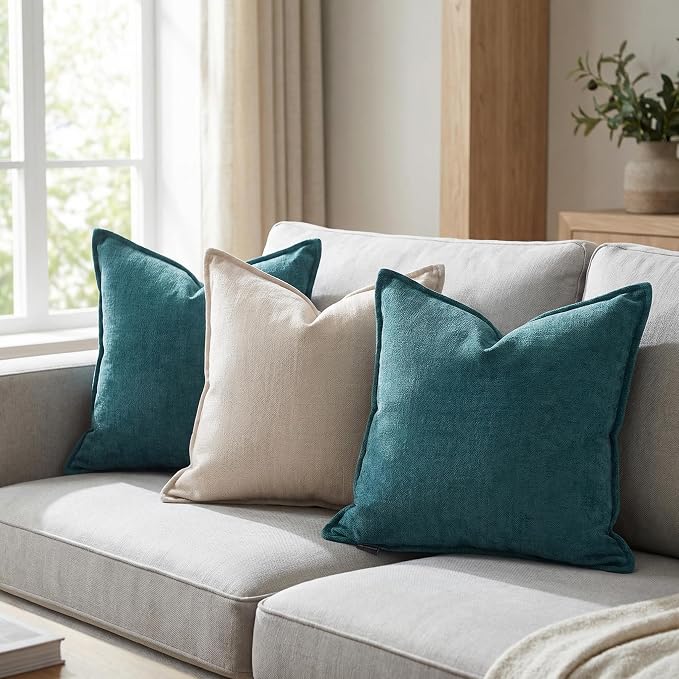 20x20 Inches Throw Pillow Covers Set of 4 Soft Textured Chenille Decorative Cushion Cases for Couch Sofa Bed Modern Farmhouse Neutral Accent Covers with Hidden Zipper Beige Green