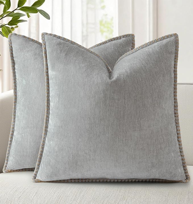 decorUhome Soft Chenille Throw Pillow Covers 20x20 Set of 2 Neutral Gray | Fall Textured Decorative Throw Pillow Cases Stitched Edge Modern Farmhouse Luxury Boho Velvet for Couch Sofa Bed Home Decor