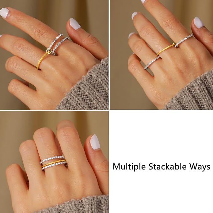 925 Sterling Silver Interlocked Spinelli Ring Stackable Rings for Women Men Non Tarnish Dainty 14K Gold Plated Chunky Rings Two Tone Cubic Zirconia Ring 3 Finger Ring Knuckle Pinky Ring Set Jewelry Gift