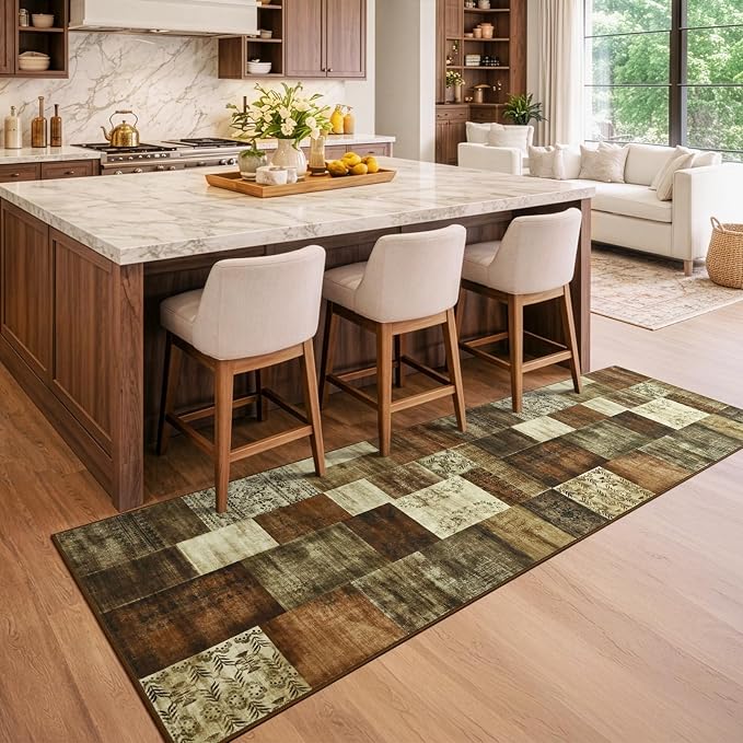 DweIke Runner Rug for for Hallways, 2'x6' Washable Kitchen Rugs with Non Slip Rubber Backing, Soft Low Pile Non-Shedding Geometric Carpet for Laundry Bedroom Bathroom, Brown
