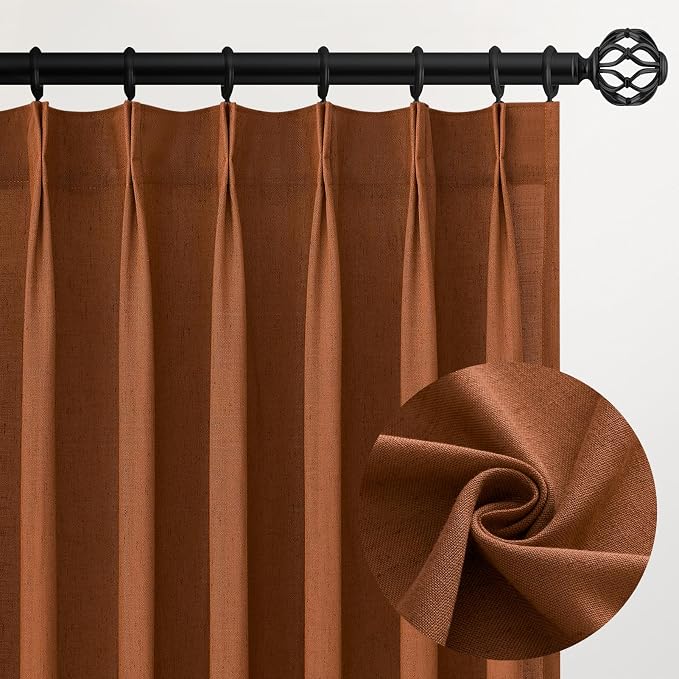 Pleated Linen Curtains 96 Inches Long for Living Room 2 Panel Set Cream Burnt Orange Semi Sheer Light Filtering Pinch Pleat with Hooks Back Tab Drapes Boho 96 Inch Curtain for Bedroom Window,8FT