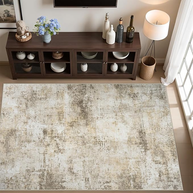 Area Rug Living Room Rugs: 5x7 Washable Rug with Anti-Slip Backing Non-Shedding Stain-Resistant Foldable Modern Abstract Carpet for Bedroom Dining Room Nursery Hallway Home Office Beige Grey