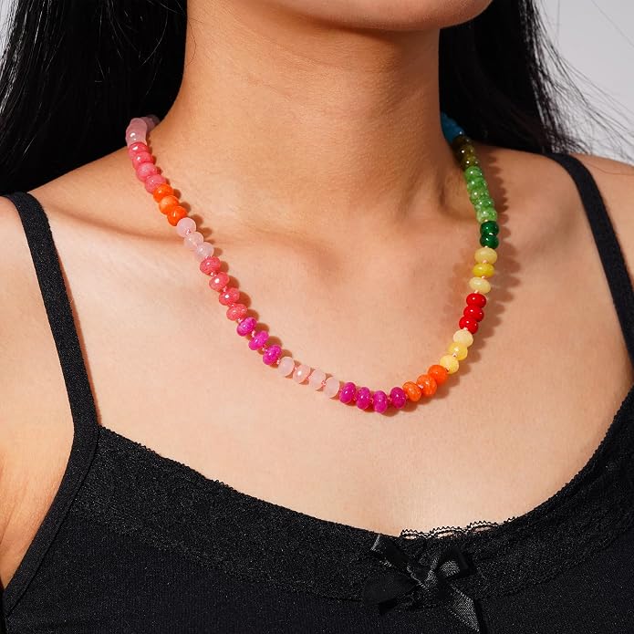 LALAPPLE Colorful Beaded Gemstone Necklace for Women, Boho Rainbow Bead Choker with Natural Stone Crystal Beads, Handmade Summer Beach Necklace Jewelry