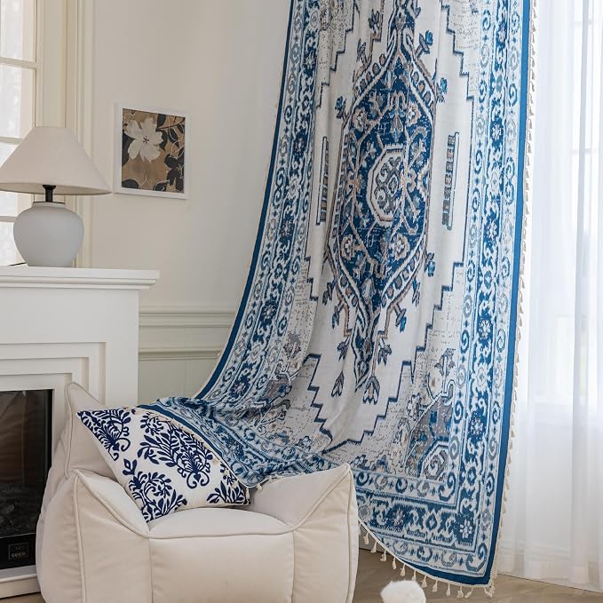 Blue Geometric Curtains 72 Inches Long, Boho Farmhouse Light Filtering Rod Pocket Drapes with Tassel Trim for Bedroom Living Room, 2 Panels