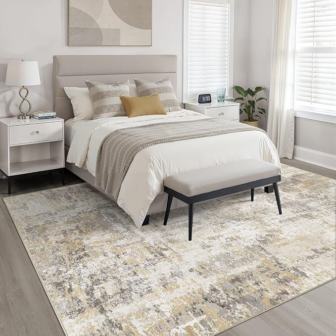 6x9 Area Rugs Living Room: Washable Large Neutral Gray Gold Rug Abstract Soft Modern Stain Resistant Indoor Floor Non-Slip Carpet for Bedroom Nursery Kids Office Playroom Dining Room Under Table Home