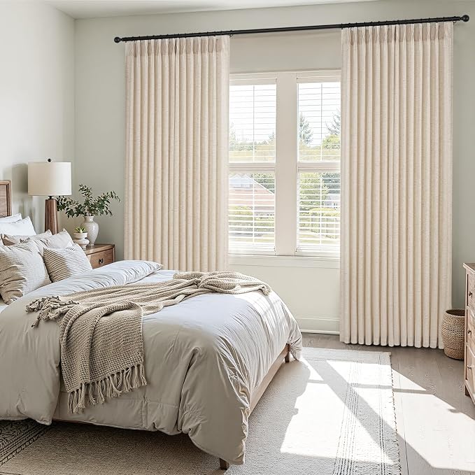 92 Inches Long Pinch Pleated Semi Sheer Curtains,Beige Linen Blended Light Filtering Window Curtains 92 Length 2 Panels for Living Room Bedroom Pinch Pleat Drapes with Hooks 2 Panels 40" Wx92 L