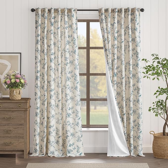 Lazzzy Charlotte Farmhouse Lined Linen Blue Floral Curtains 96 Inch Long Back Tab Drapes for Living Room Bedroom Light Filtering Country Vintage Rod Pocket, 2 Panels, Blue on Beige