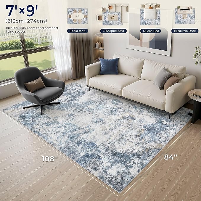 DMOYEST 7x9 Area Rugs for Living Room, Washable Large Abstract Rug, Non Slip Low Pile Indoor Carpet, Kid & Pet Friendly Neutral Modern Rugs for Bedroom Dining Room - Blue