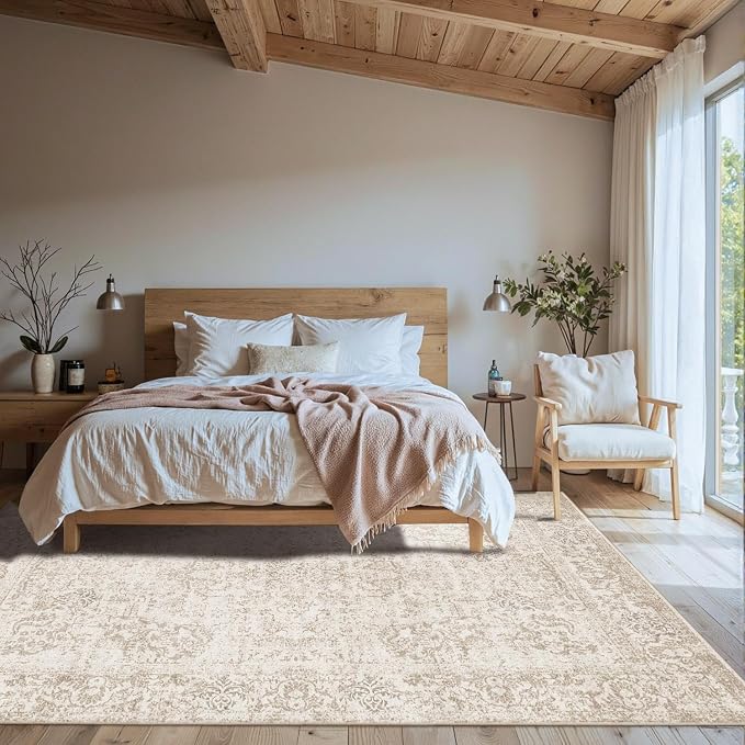 Rugxara 5X7 Washable Area Rug for Living Room, Vintage Neutral Large Boho Rugs for Office, Dining Room, Kids Room, Farmhouse, Durable Low Pile Non Slip Carpet for High Traffic Areas, Light Bown