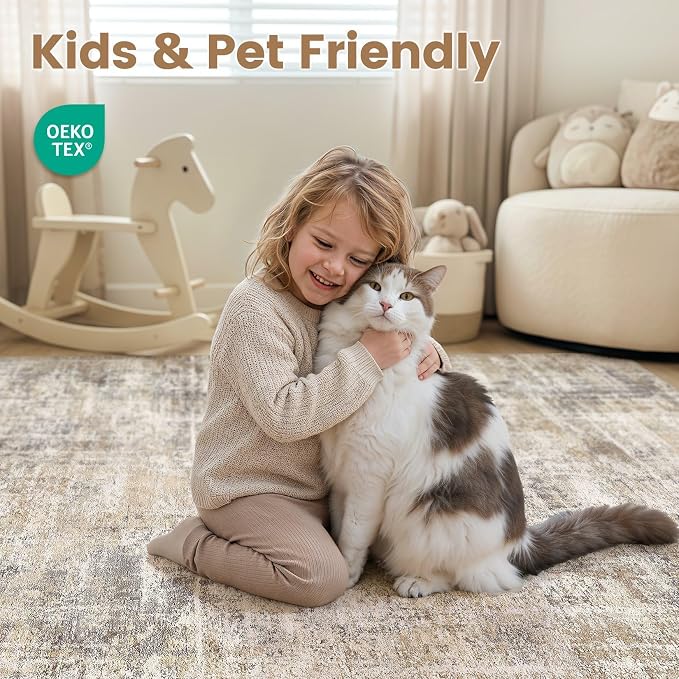 cotiled Washable 10x14 Area Rug for Living Room - Modern Abstract Carpet with Non-Slip Backing, Low Pile & Soft, Stain Resistant, Kid & Pet Friendly Decor for Bedroom & Dining Room - Gold Brown