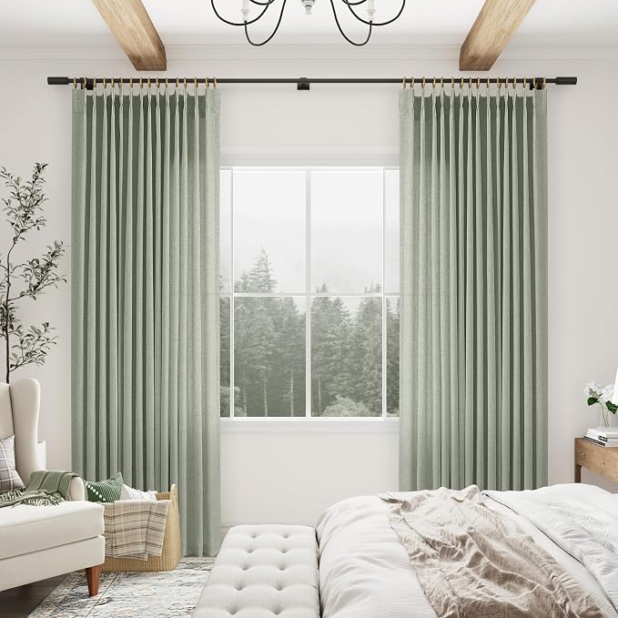 Sage Green Pinch Pleated Linen Curtains 72 Inch Length 2 Panels for Living Room Bedroom Light Filtering Green Semi Sheer Window Curtain Boho Back Tab Pinch Pleat Drape with Hooks 72 Inches Long