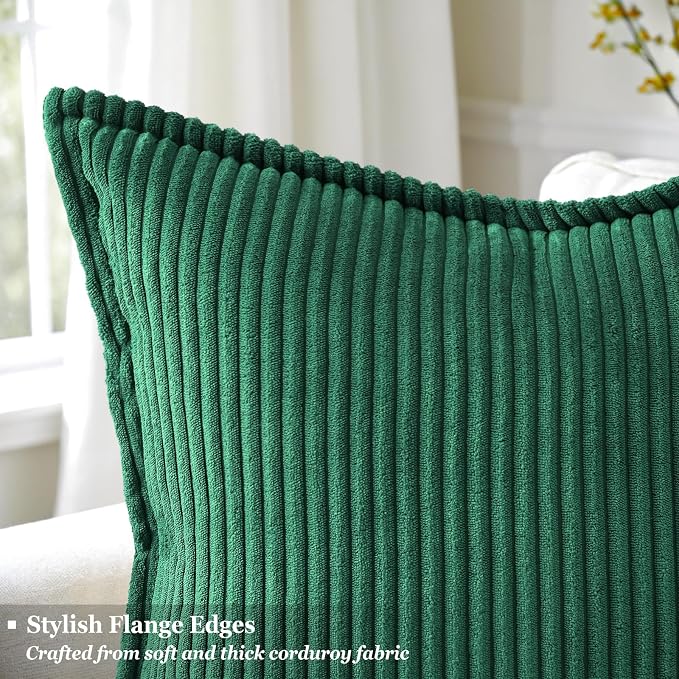 decorUhome Fall Corduroy Green Throw Pillow Covers 12x20 Set of 2 | Lumbar Couch Decorative Soft Modern Boho Farmhouse Pillow Covers Broadside Striped Pillow Cases for Living Room Bed Sofa