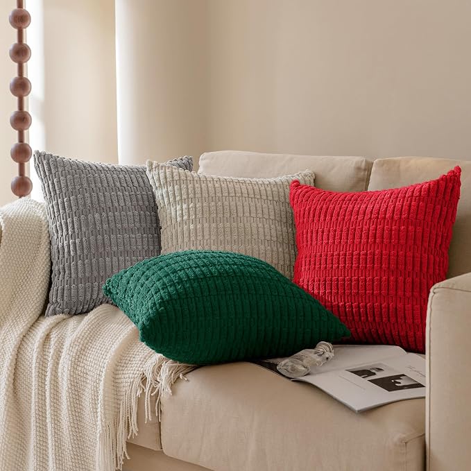 Softalker Corduroy Throw Pillow Covers 22x22 Set of 2, Soft Plush Decorative Square Cushion Cases for Living Room Couch Sofa, Modern Farmhouse Boho Home Decor, Red
